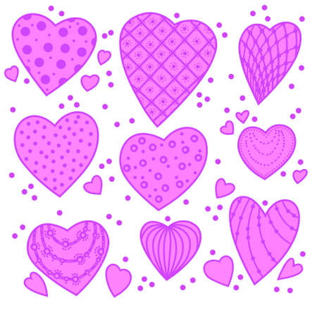 Lilac magenta pink hearts with patterns on a lilac background. Set of isolated hearts for Valentine's Day. Festive background. Collection of elements for holiday design and creative ideas.の写真素材