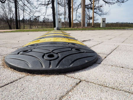 A view of speed bump installed on a tiled road as part of the new traffic infrastructure in a...