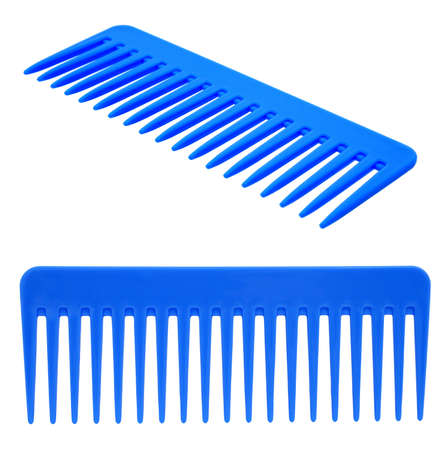 Blue hairbrush isolated on white backgroundの写真素材