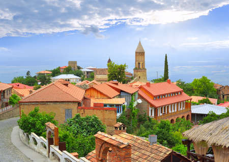 Ancient Georgian town Signakhi against Alazansky valley  Kakhetiの写真素材
