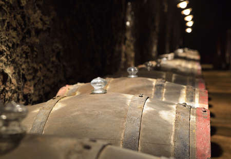 Barrels of wine in an old wine cellarの写真素材