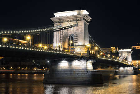 Danube river and Szechenyi Chain Bridge at night  Budapest, Hungary の写真素材