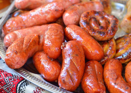 Ukrainian national cuisine. Grilled pork sausage with lard and spicesのeditorial素材