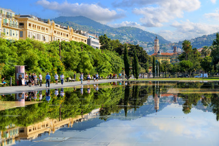 Promenade du Paillon with a fountain near Place Massena in Nice, Franceの写真素材