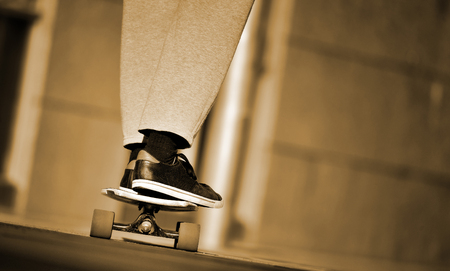Close up of skaters boardの写真素材