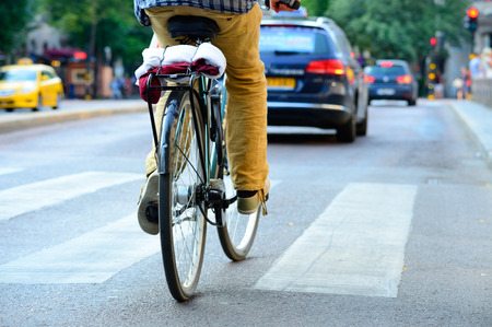 Rear view of bicyclistの写真素材