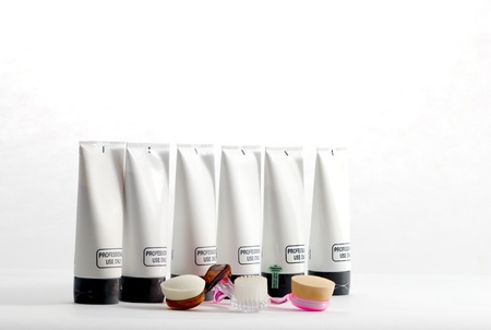Various professional spa products arranged on a white backgroundの写真素材