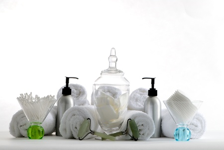 Various professional spa products arranged on a white backgroundの写真素材