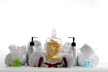 Various professional spa products arranged on a white backgroundの写真素材
