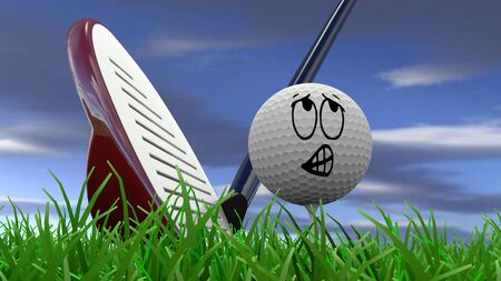 Cartoon golf ball being hit with golf clubの写真素材