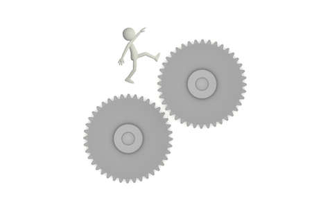 Character jumping between two gears on white backgroundの写真素材