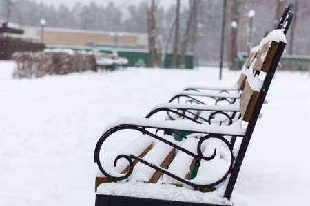 Bench under the snow in the parkの写真素材