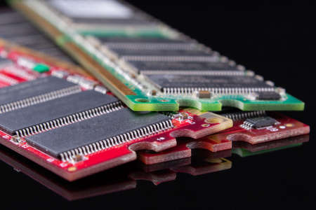 PC ram closeup on black background. PC components.