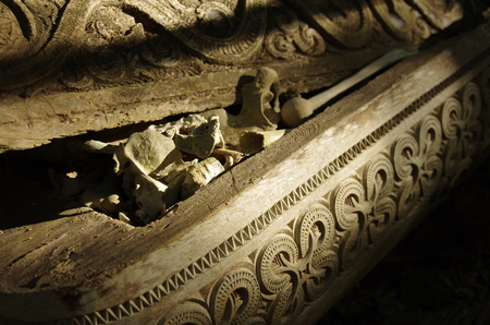 Hanging graves in Toraja Highlands, Sulawesi, Indonesia  Bones sticking out from a fallen wooden coffin の写真素材