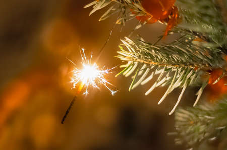 A spray candle on the Christmas treeの写真素材