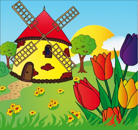 Windmill and tulips - vectors illustration のイラスト素材