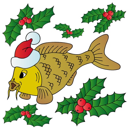 Carp with Xmas cap - vector illustration.のイラスト素材
