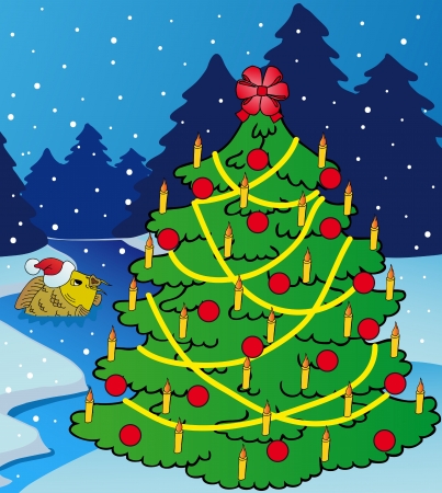 Landscape with Xmas tree - vector illustration のイラスト素材