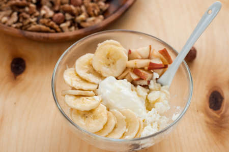 Breakfast, cottage, cheese, sour, cream, banana on white backgroundの写真素材