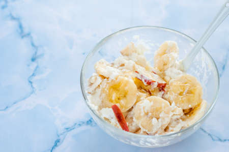 Breakfast, cottage, cheese, sour, cream, banana on white backgroundの写真素材