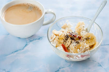 Breakfast, cottage, cheese, sour, cream, banana on white backgroundの写真素材