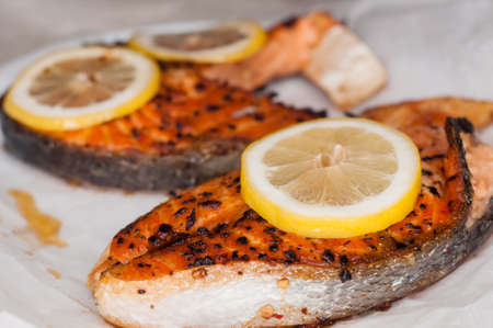 Grilled salmon steaksの写真素材