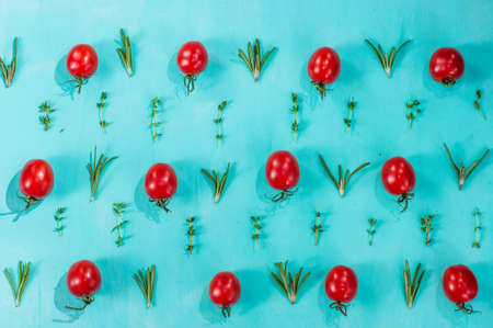 cherry tomatoes pattern with rosemary and thymeの写真素材