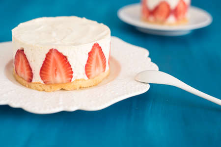 Strawberry cake with sour cream creamの写真素材