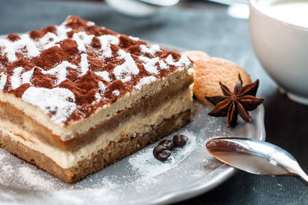 Tiramisu cake decorated with the words Happy Birthdayの写真素材