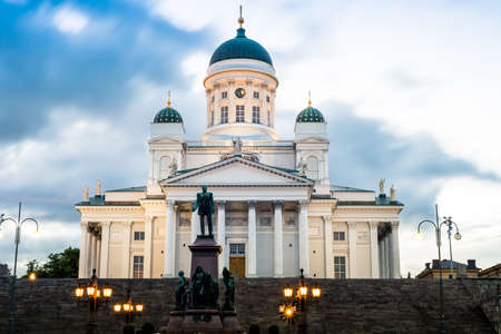 Helsinki, Finland. Famous Landmark In Finnish Capital - Senate Square With Lutheran Cathedral And Monument To Russian Emperor Alexander II At Summer Nightの写真素材