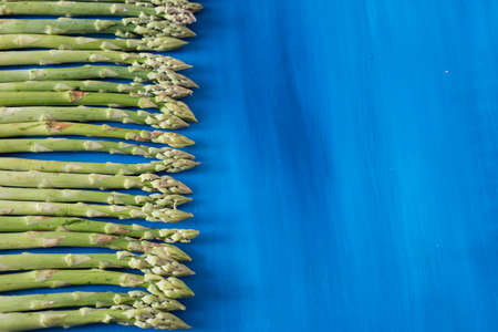 Asparagus green on a blue background pattern, top viewの写真素材