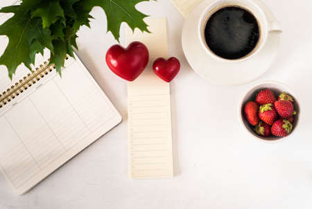 flat lay image of workplace Heart Coffee schedule top viewの写真素材