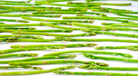 Fresh green asparagus shoots pattern, top view. Isolated over white. Food background asparagus flat lay patternの写真素材