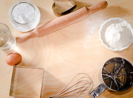 Baking ingredients background, baking concept, I love to cook, I love oven cakes, menus, bakery, bread, view from high angle, top viewの写真素材