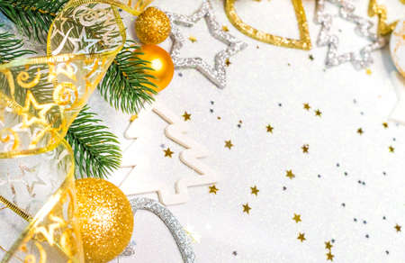 Golden Christmas background star ball ribbon, christmas card, place for textの写真素材