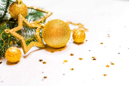 Golden Christmas background star ball ribbon, christmas card, place for textの写真素材