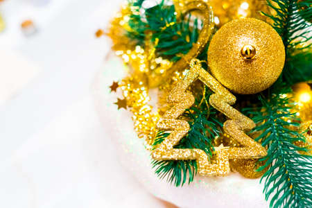 Golden Christmas background star ball ribbon, christmas card, place for textの写真素材