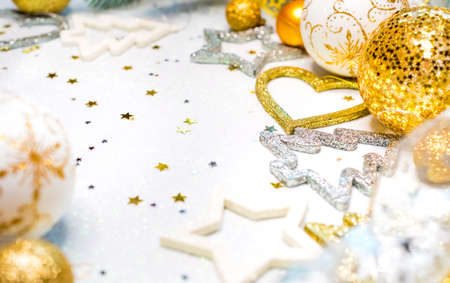 Collection of Christmas Balls Golden Christmas background, christmas card, place for textの写真素材