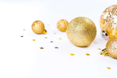 Christmas balls. Golden Christmas background, christmas card, place for textの写真素材