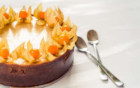New York style cheesecake decorated with winter cherry