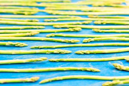 Fresh green asparagus pattern, top view. Isolated over blue. Food background asparagusの写真素材