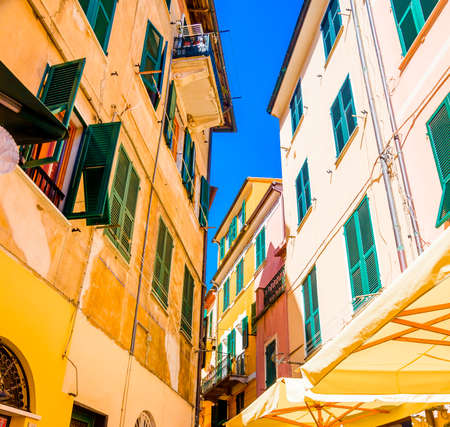 Colorful buildings in Monterosso in Cinque Terre, Italy on sunny day.の写真素材