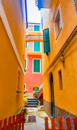 Colorful buildings in Monterosso in Cinque Terre, Italy on sunny day.の写真素材