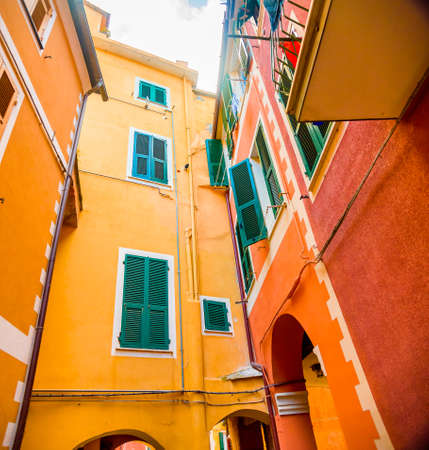 Colorful buildings in Monterosso in Cinque Terre, Italy on sunny day.の写真素材