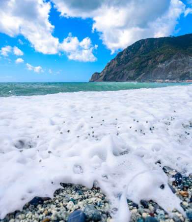 Waves, sea, mountains, Cinque Terre, Monterosso Al Mare, Italyの写真素材