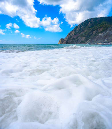 Waves, sea, mountains, Cinque Terre, Monterosso Al Mare, Italyの写真素材