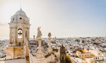 an aerial view of the roofs of Cadiz, Spain, from the belfry of its Cathedralの写真素材