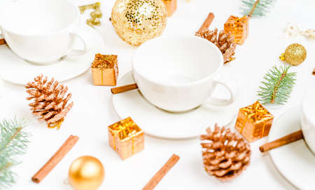 A cup of hot coffee on a christmas holiday table. holidays and events