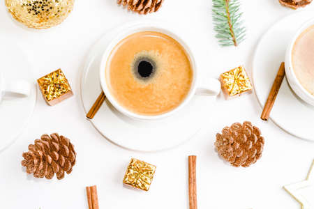 Top view of a cup of coffee, isolate on whiteの写真素材