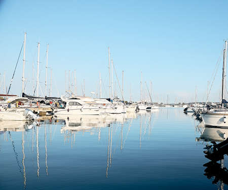 Sea bay with yachts at sunset many luxury moored sailing yachts in the seaportの写真素材